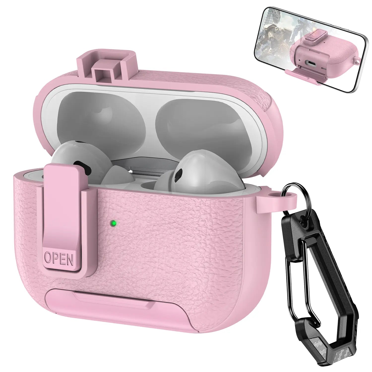 With Safety Lock Case for Apple for Airpods 4 / 3 / 2 / 1 for Airpods Pro 3 / Pro2 / Pro Built-In Phone Stand for Airpod Earbuds Headset Earphones Headphones Protective Case Carabiner Anti-Drop Matte Pu-Leather Audio Shockproof Cover