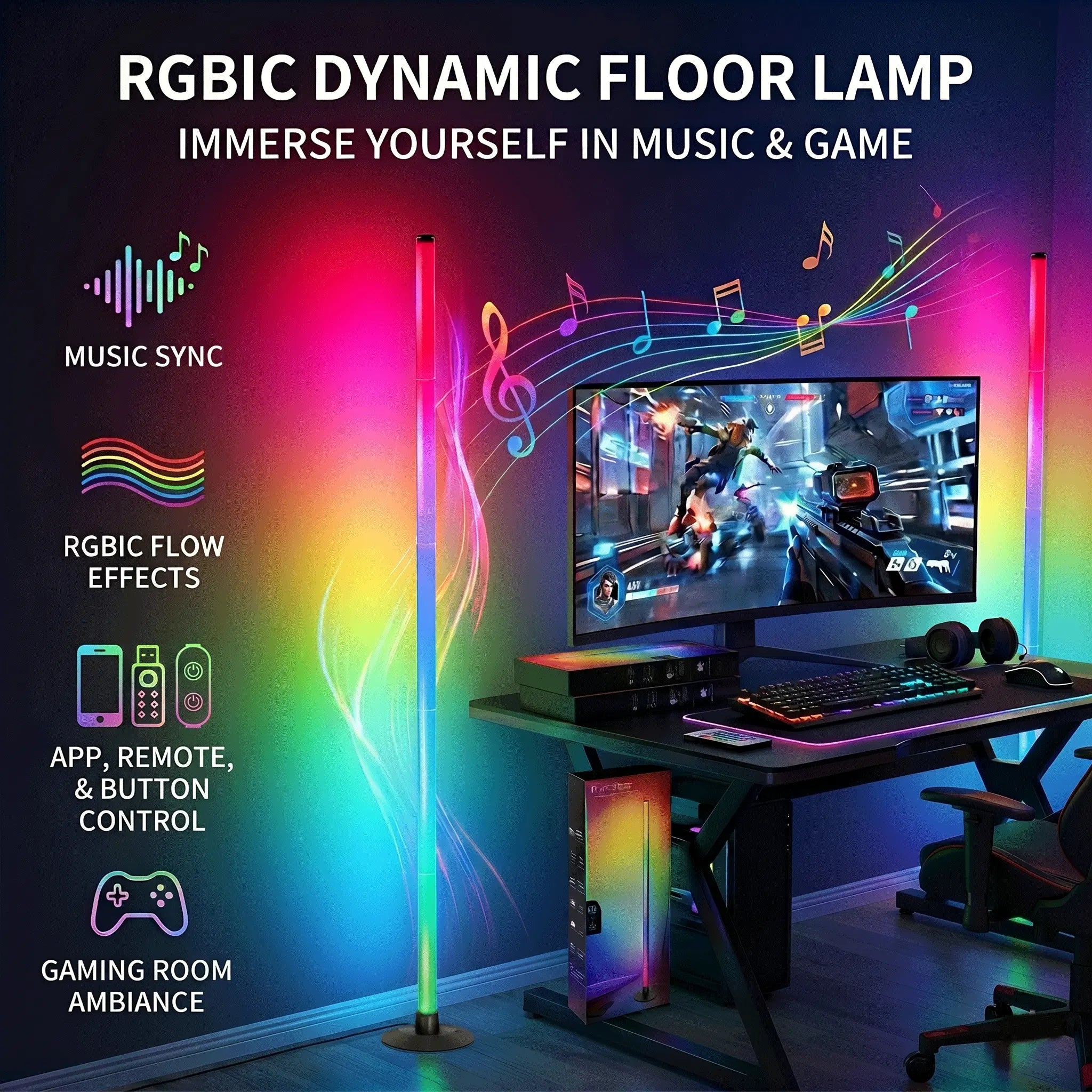 RGB IC LED Corner Floor Lamp Smart APP Control Remote Control Music Sync Dynamic Lighting DIY Colors Timer Scene Modern Ambient Light for Home Bedroom Gaming Room Party Deco
