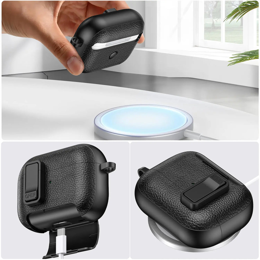 With Safety Lock Case for Apple for Airpods 4 / 3 / 2 / 1 for Airpods Pro 3 / Pro2 / Pro Built-In Phone Stand for Airpod Earbuds Headset Earphones Headphones Protective Case Carabiner Anti-Drop Matte Pu-Leather Audio Shockproof Cover
