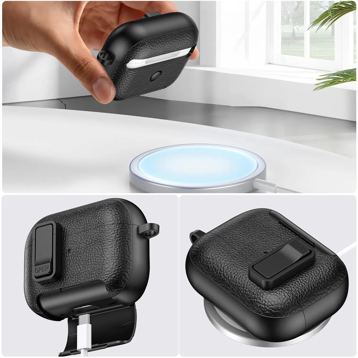 With Safety Lock Case for Apple for Airpods 4 / 3 / 2 / 1 for Airpods Pro 3 / Pro2 / Pro Built-In Phone Stand for Airpod Earbuds Headset Earphones Headphones Protective Case Carabiner Anti-Drop Matte Pu-Leather Audio Shockproof Cover