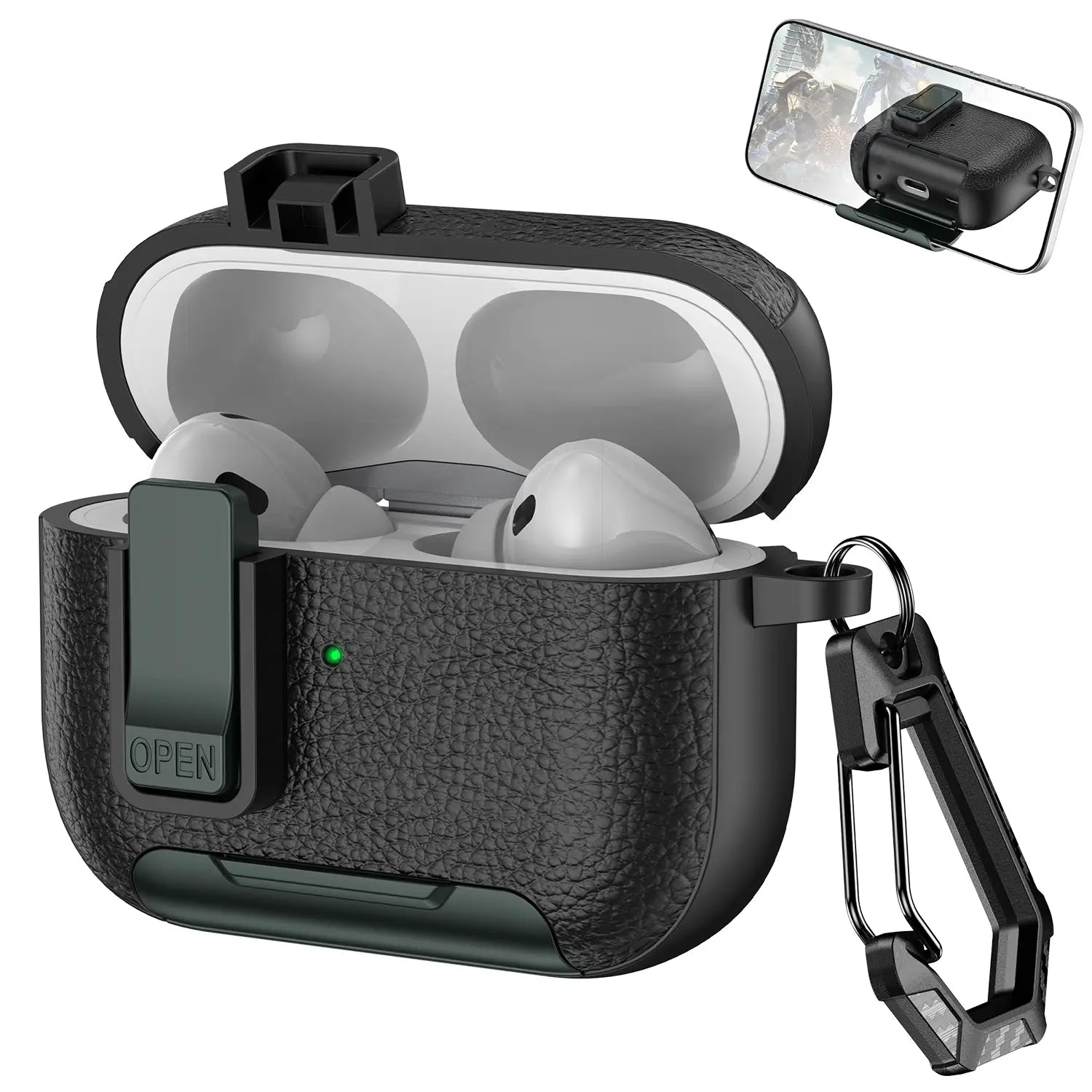 With Safety Lock Case for Apple for Airpods 4 / 3 / 2 / 1 for Airpods Pro 3 / Pro2 / Pro Built-In Phone Stand for Airpod Earbuds Headset Earphones Headphones Protective Case Carabiner Anti-Drop Matte Pu-Leather Audio Shockproof Cover