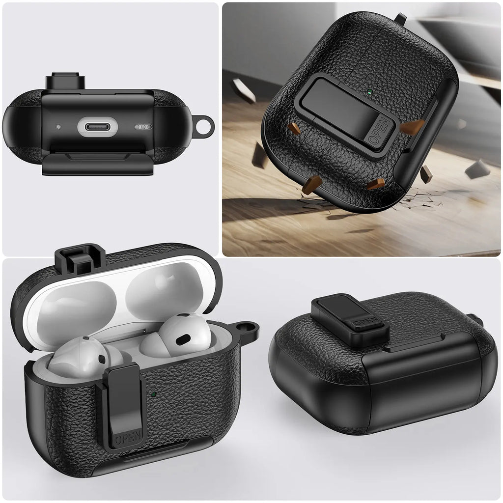 With Safety Lock Case for Apple for Airpods 4 / 3 / 2 / 1 for Airpods Pro 3 / Pro2 / Pro Built-In Phone Stand for Airpod Earbuds Headset Earphones Headphones Protective Case Carabiner Anti-Drop Matte Pu-Leather Audio Shockproof Cover