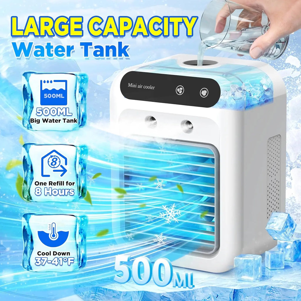 2026 Portable Air Cooler - 3-in-1 Evaporative Cooling Fan with Dual Mist Speeds, Ideal for Bedroom, Office, and Camping, Featuring 1800mAh Battery and 500ml Water Tank