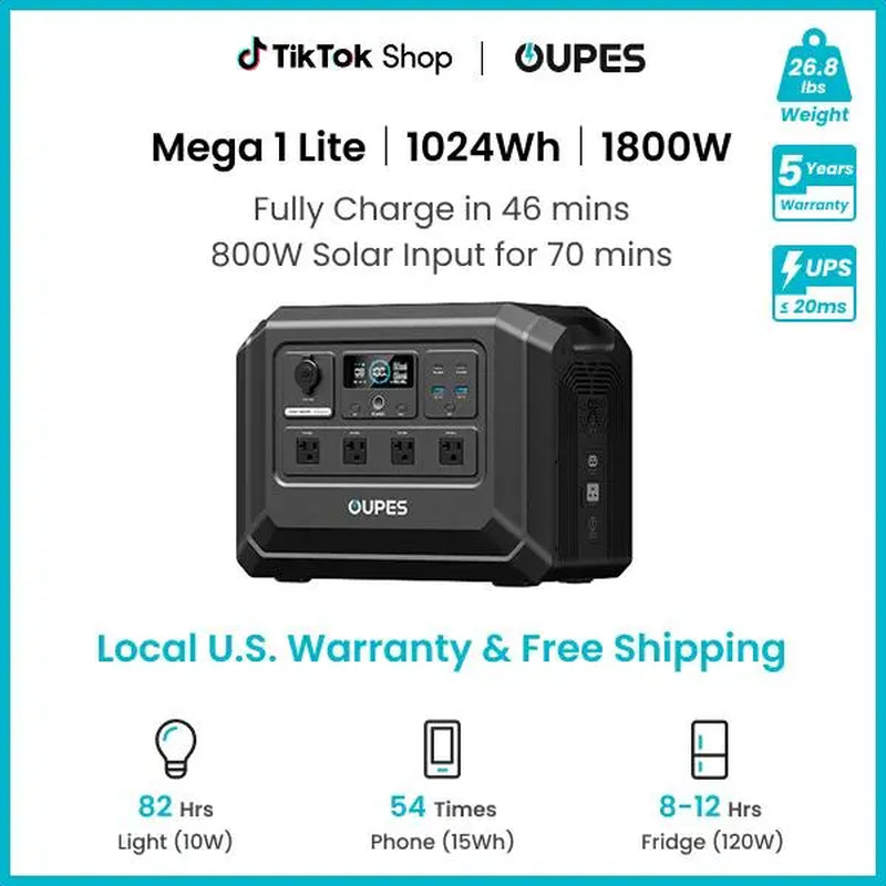 OUPES Mega 1 Lite, 1800W 1024Wh Portable Power Station, Lifepo4 Battery, Solar Generator, 1 Hour Fast Charging, for Home Backup Power, Camping