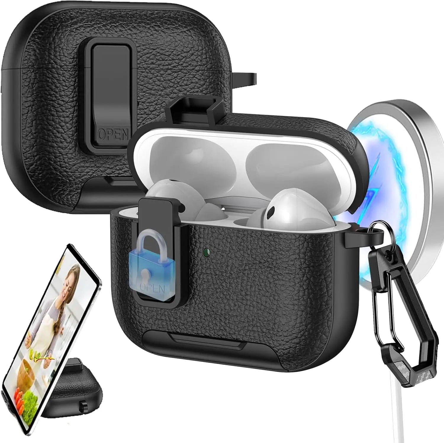 With Safety Lock Case for Apple for Airpods 4 / 3 / 2 / 1 for Airpods Pro 3 / Pro2 / Pro Built-In Phone Stand for Airpod Earbuds Headset Earphones Headphones Protective Case Carabiner Anti-Drop Matte Pu-Leather Audio Shockproof Cover