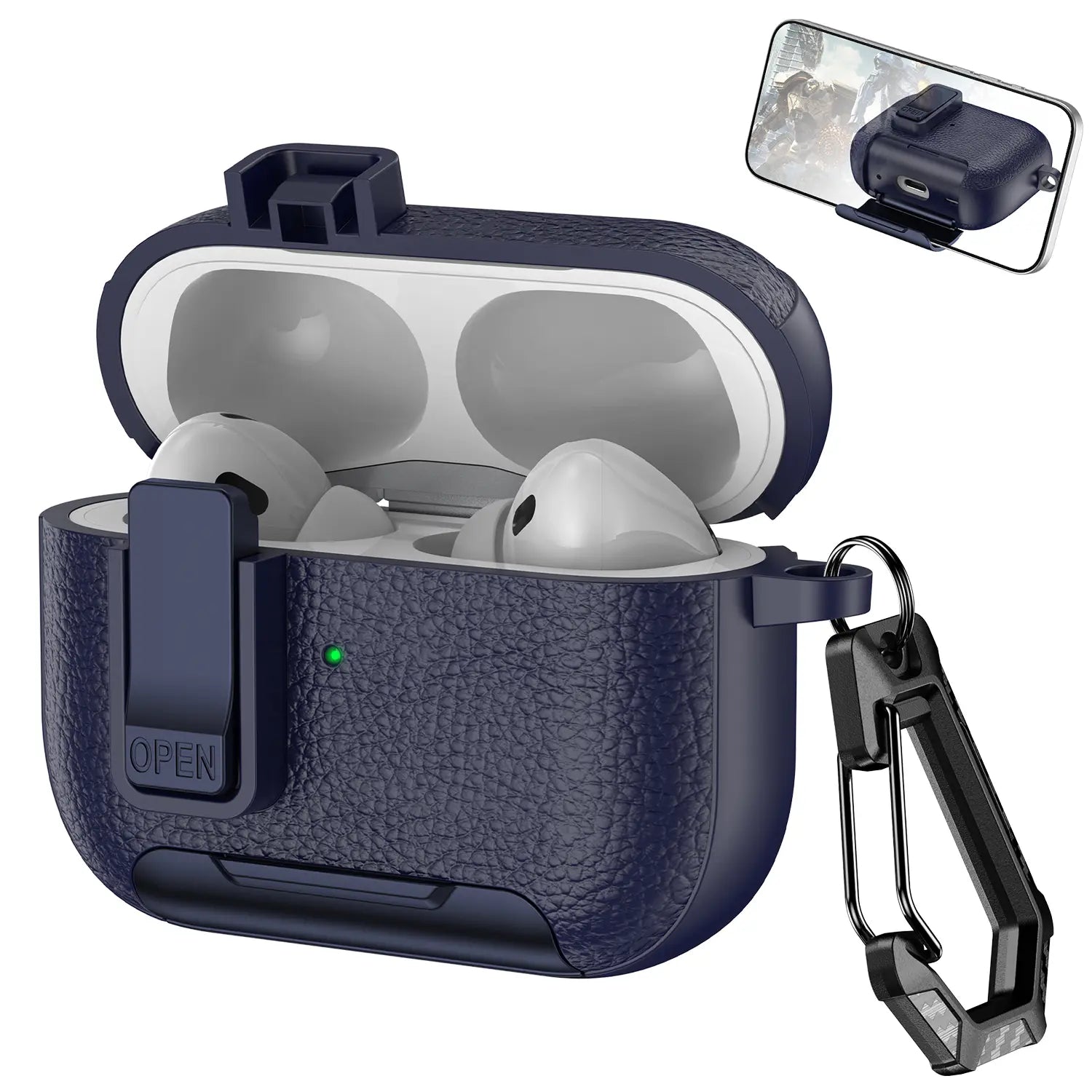 With Safety Lock Case for Apple for Airpods 4 / 3 / 2 / 1 for Airpods Pro 3 / Pro2 / Pro Built-In Phone Stand for Airpod Earbuds Headset Earphones Headphones Protective Case Carabiner Anti-Drop Matte Pu-Leather Audio Shockproof Cover