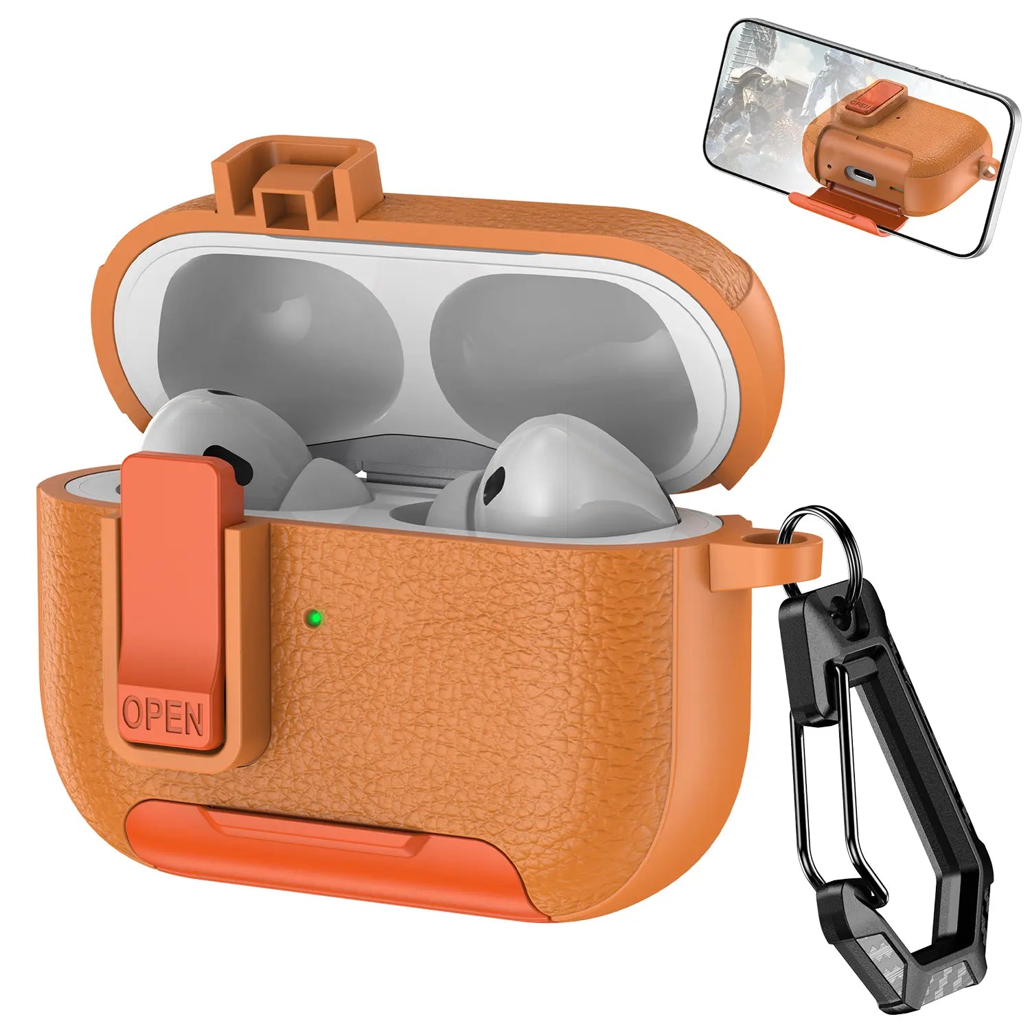 With Safety Lock Case for Apple for Airpods 4 / 3 / 2 / 1 for Airpods Pro 3 / Pro2 / Pro Built-In Phone Stand for Airpod Earbuds Headset Earphones Headphones Protective Case Carabiner Anti-Drop Matte Pu-Leather Audio Shockproof Cover