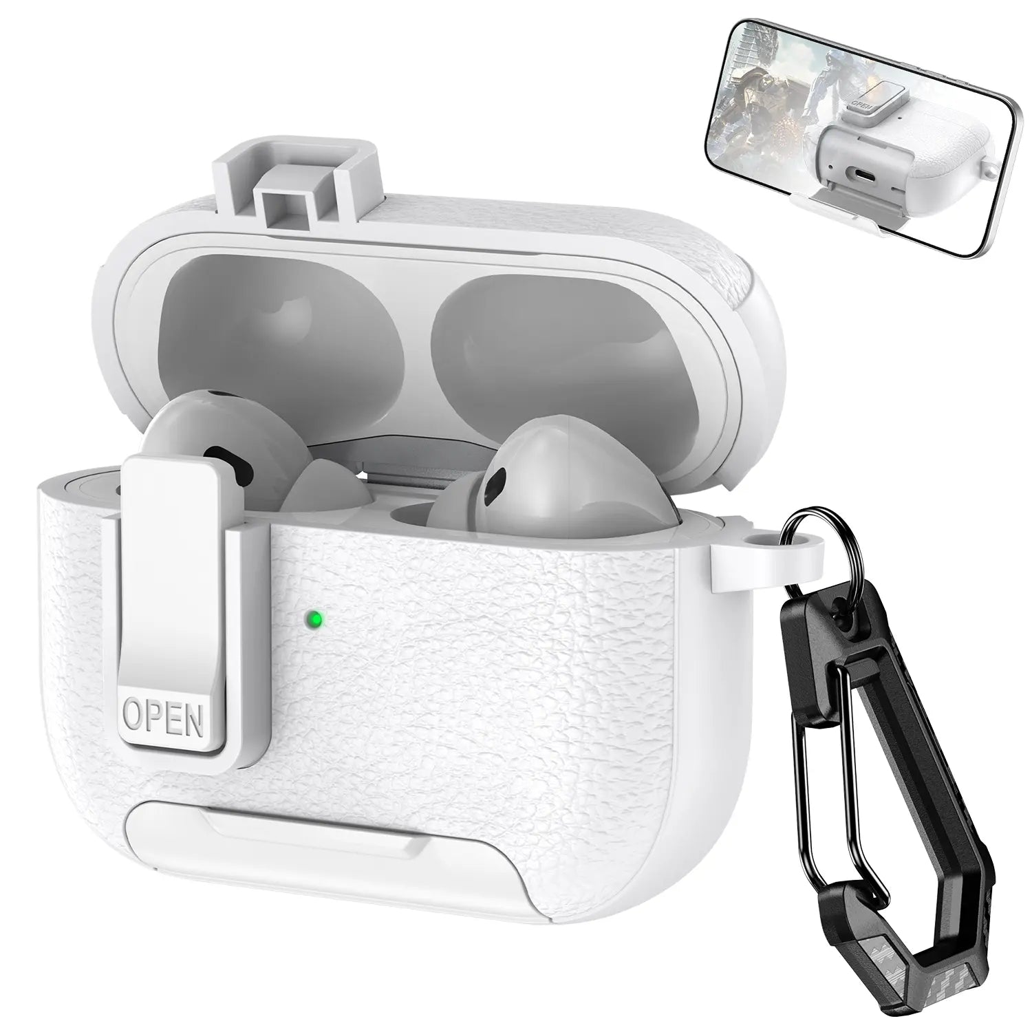 With Safety Lock Case for Apple for Airpods 4 / 3 / 2 / 1 for Airpods Pro 3 / Pro2 / Pro Built-In Phone Stand for Airpod Earbuds Headset Earphones Headphones Protective Case Carabiner Anti-Drop Matte Pu-Leather Audio Shockproof Cover