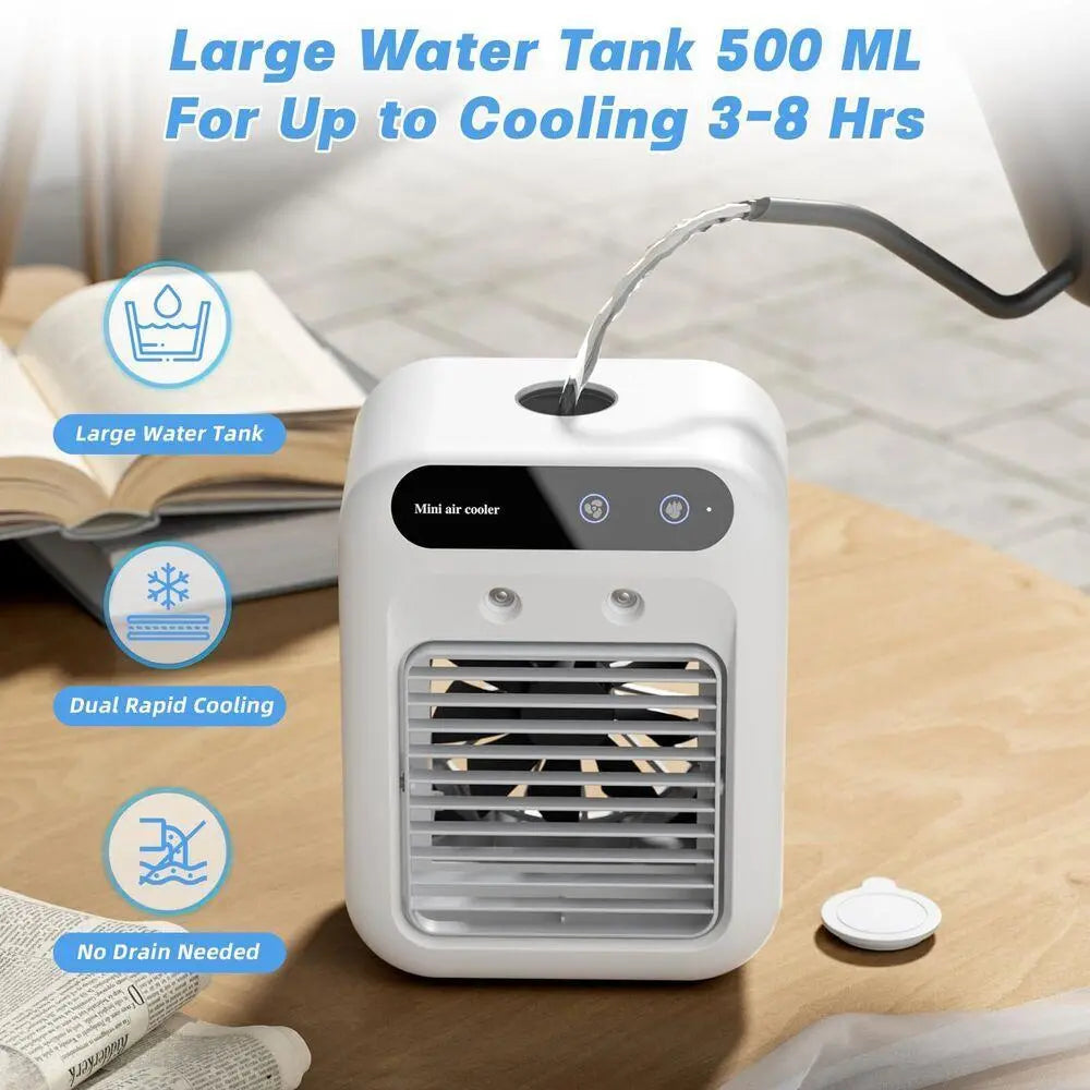 2026 Portable Air Cooler - 3-in-1 Evaporative Cooling Fan with Dual Mist Speeds, Ideal for Bedroom, Office, and Camping, Featuring 1800mAh Battery and 500ml Water Tank