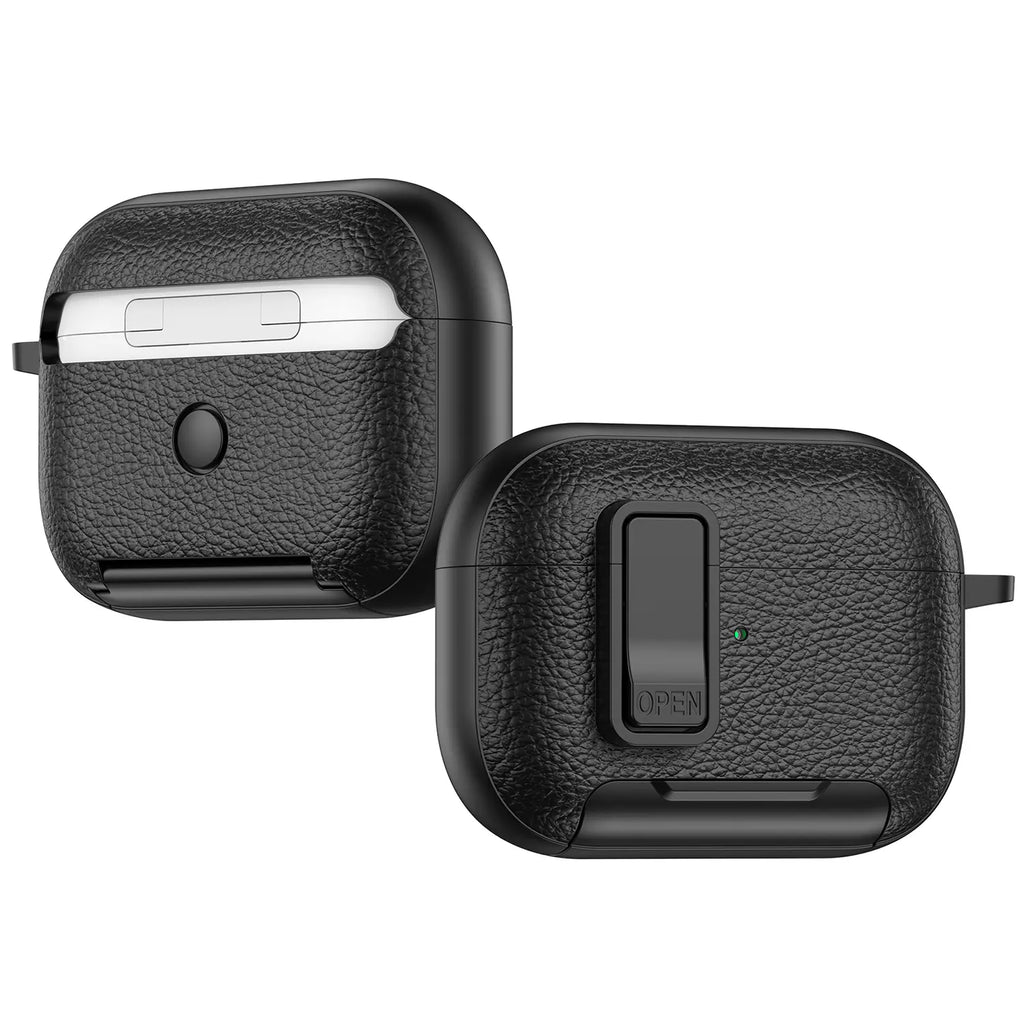 With Safety Lock Case for Apple for Airpods 4 / 3 / 2 / 1 for Airpods Pro 3 / Pro2 / Pro Built-In Phone Stand for Airpod Earbuds Headset Earphones Headphones Protective Case Carabiner Anti-Drop Matte Pu-Leather Audio Shockproof Cover