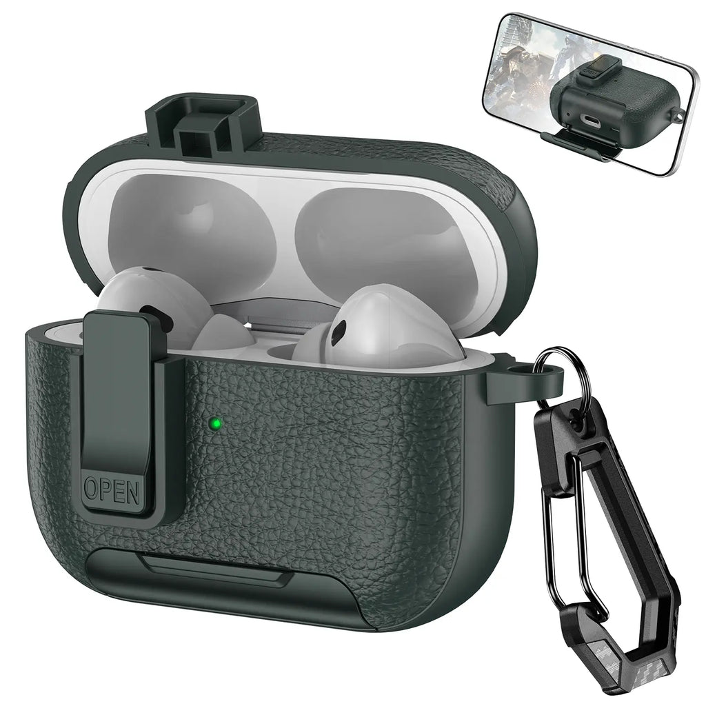 With Safety Lock Case for Apple for Airpods 4 / 3 / 2 / 1 for Airpods Pro 3 / Pro2 / Pro Built-In Phone Stand for Airpod Earbuds Headset Earphones Headphones Protective Case Carabiner Anti-Drop Matte Pu-Leather Audio Shockproof Cover