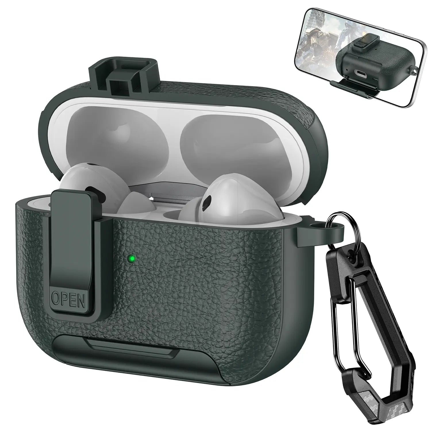 With Safety Lock Case for Apple for Airpods 4 / 3 / 2 / 1 for Airpods Pro 3 / Pro2 / Pro Built-In Phone Stand for Airpod Earbuds Headset Earphones Headphones Protective Case Carabiner Anti-Drop Matte Pu-Leather Audio Shockproof Cover