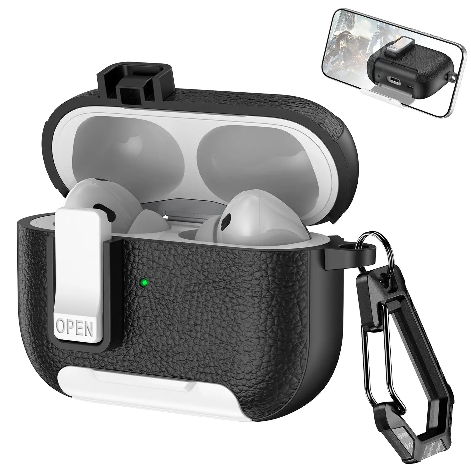 With Safety Lock Case for Apple for Airpods 4 / 3 / 2 / 1 for Airpods Pro 3 / Pro2 / Pro Built-In Phone Stand for Airpod Earbuds Headset Earphones Headphones Protective Case Carabiner Anti-Drop Matte Pu-Leather Audio Shockproof Cover