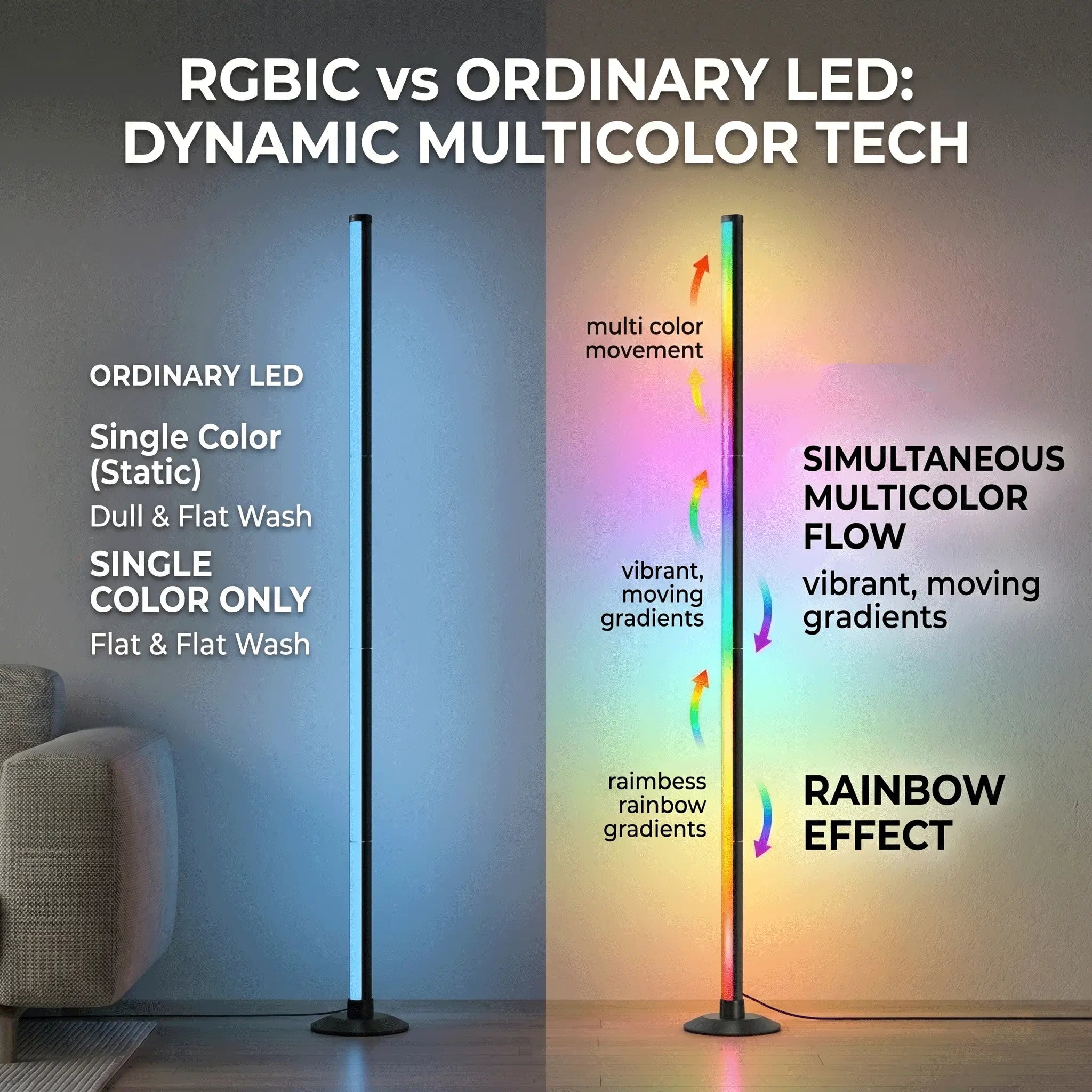 RGB IC LED Corner Floor Lamp Smart APP Control Remote Control Music Sync Dynamic Lighting DIY Colors Timer Scene Modern Ambient Light for Home Bedroom Gaming Room Party Deco