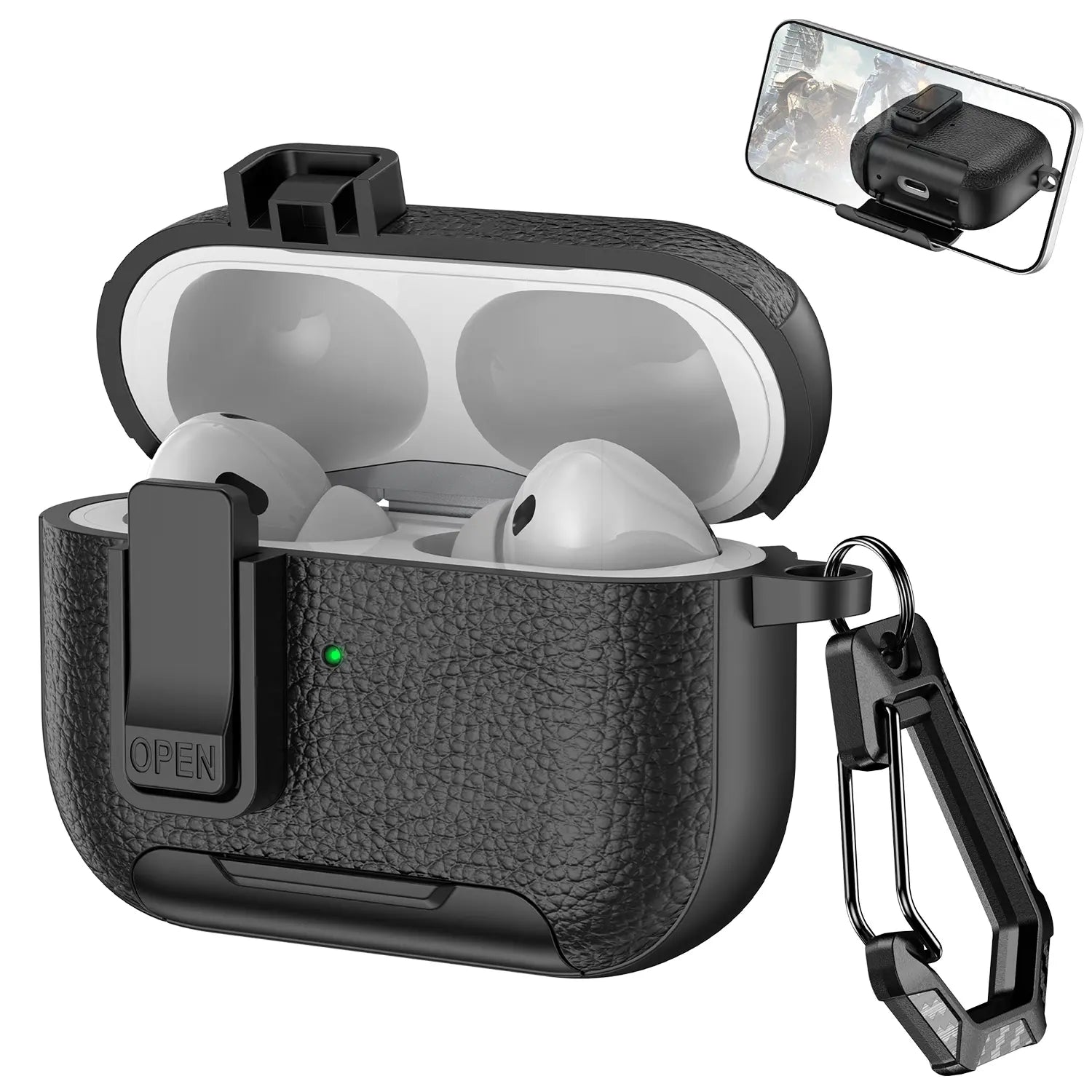 With Safety Lock Case for Apple for Airpods 4 / 3 / 2 / 1 for Airpods Pro 3 / Pro2 / Pro Built-In Phone Stand for Airpod Earbuds Headset Earphones Headphones Protective Case Carabiner Anti-Drop Matte Pu-Leather Audio Shockproof Cover