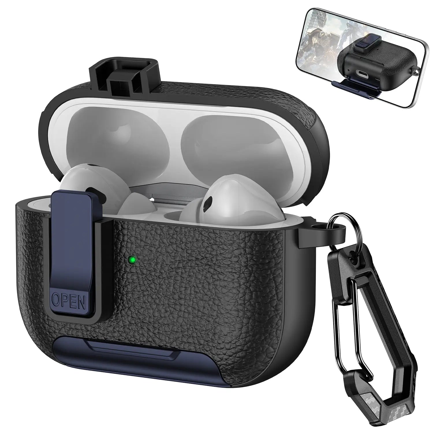With Safety Lock Case for Apple for Airpods 4 / 3 / 2 / 1 for Airpods Pro 3 / Pro2 / Pro Built-In Phone Stand for Airpod Earbuds Headset Earphones Headphones Protective Case Carabiner Anti-Drop Matte Pu-Leather Audio Shockproof Cover
