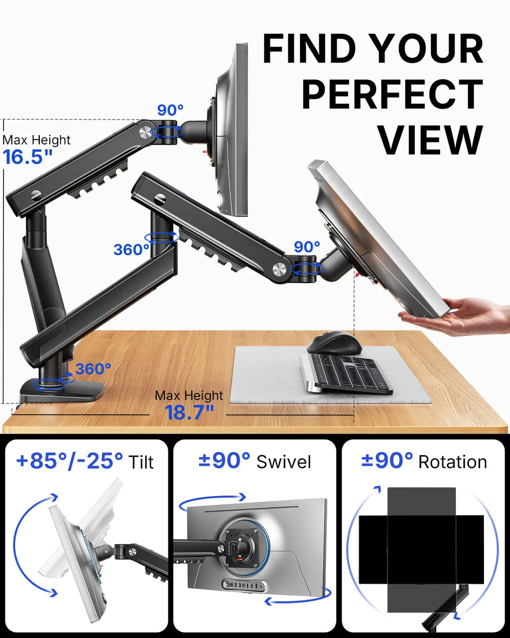 Flowlift Pro Monitor Arm – Dual & Single Screen Support (13-32”), Mechaspring Technology, Instamount, Locksteady, Precisionview – Smooth, Durable, Adjustable Setup for Gamers and Professionals"