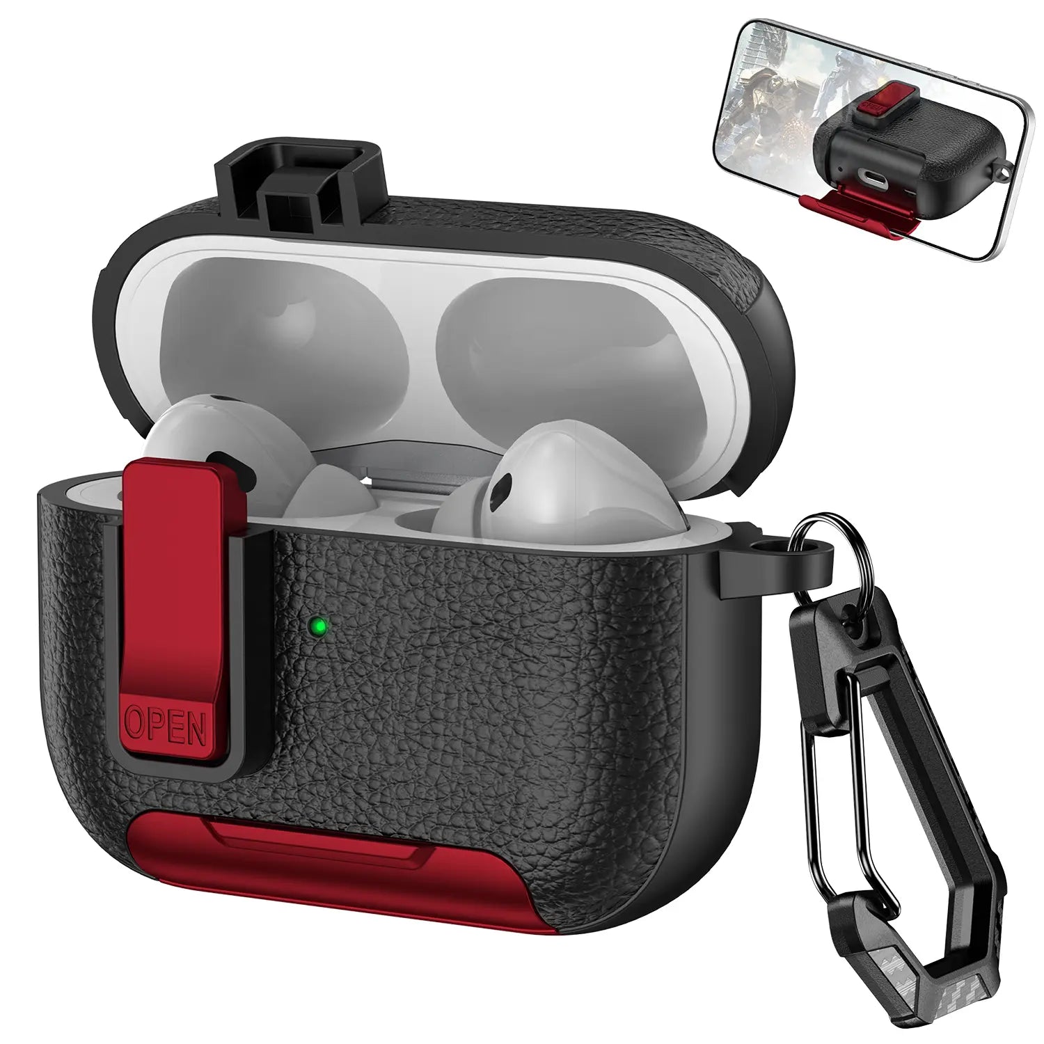 With Safety Lock Case for Apple for Airpods 4 / 3 / 2 / 1 for Airpods Pro 3 / Pro2 / Pro Built-In Phone Stand for Airpod Earbuds Headset Earphones Headphones Protective Case Carabiner Anti-Drop Matte Pu-Leather Audio Shockproof Cover